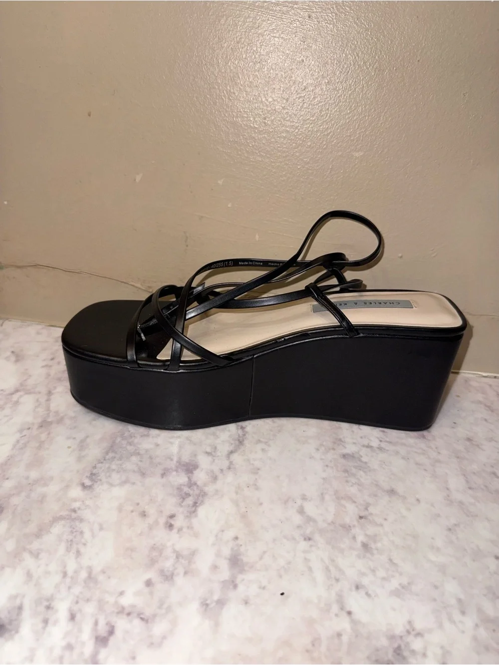 Charles & Keith Black Strappy Platform Sandals with Ankle Wrap